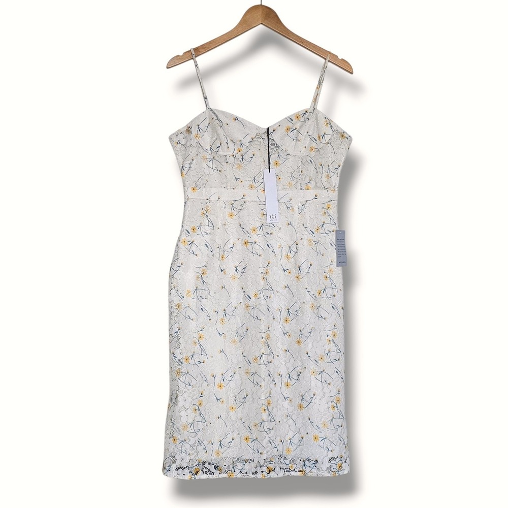 NSR Dress L White Yellow Floral Lace Sweetheart Cottage Garden Party Dainty NEW